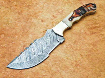 10" Handmade Damascus Tracker Bowie Knife – Camel Bone & Brass Bolster