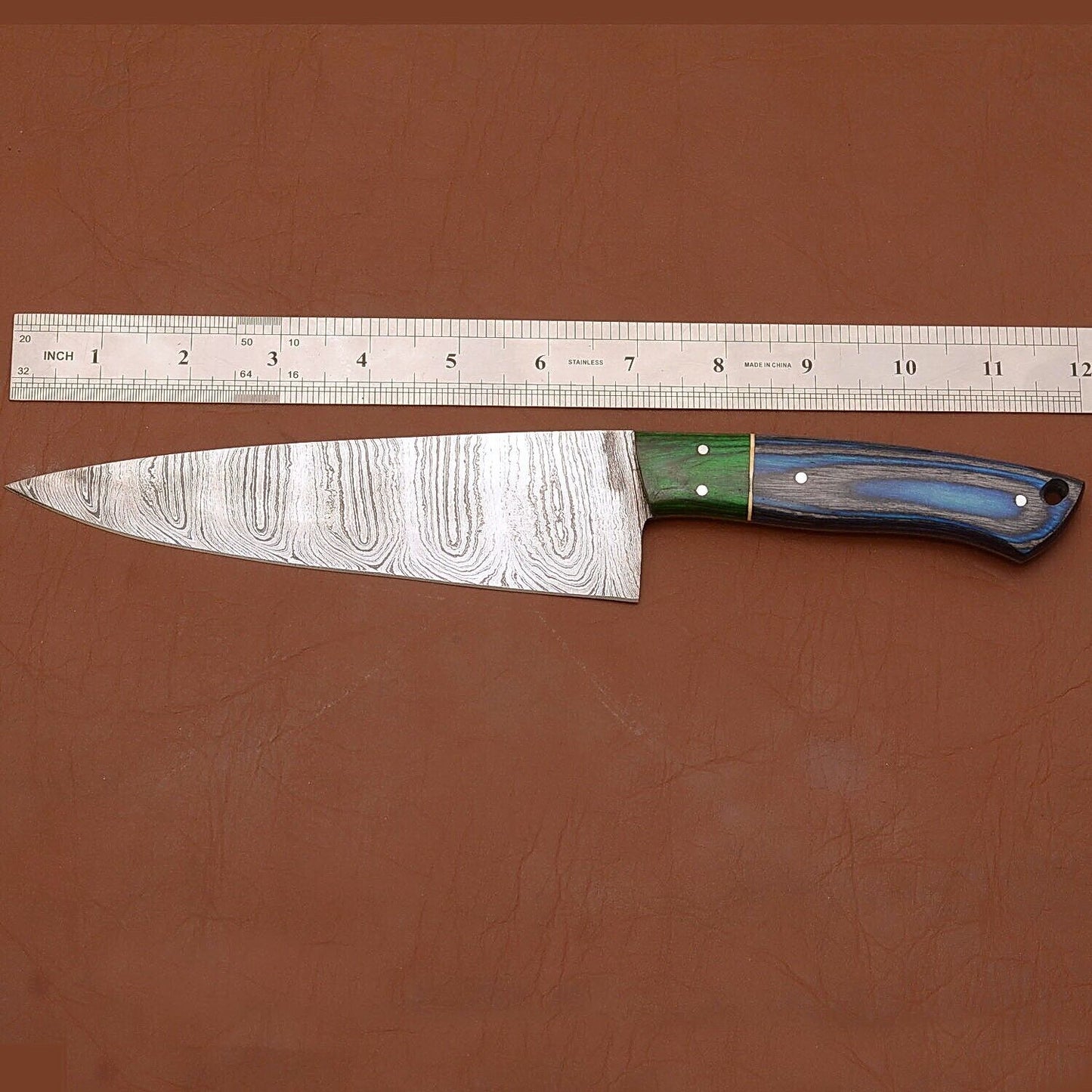 Custom Handmade Damascus Steel Chef Knife – 12" Kitchen Knife with Wood Handle & Leather Sheath