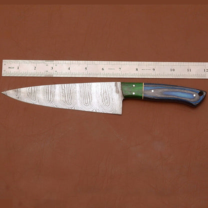 Custom Handmade Damascus Steel Chef Knife – 12" Kitchen Knife with Wood Handle & Leather Sheath