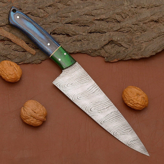Custom Handmade Damascus Steel Chef Knife – 12" Kitchen Knife with Wood Handle & Leather Sheath