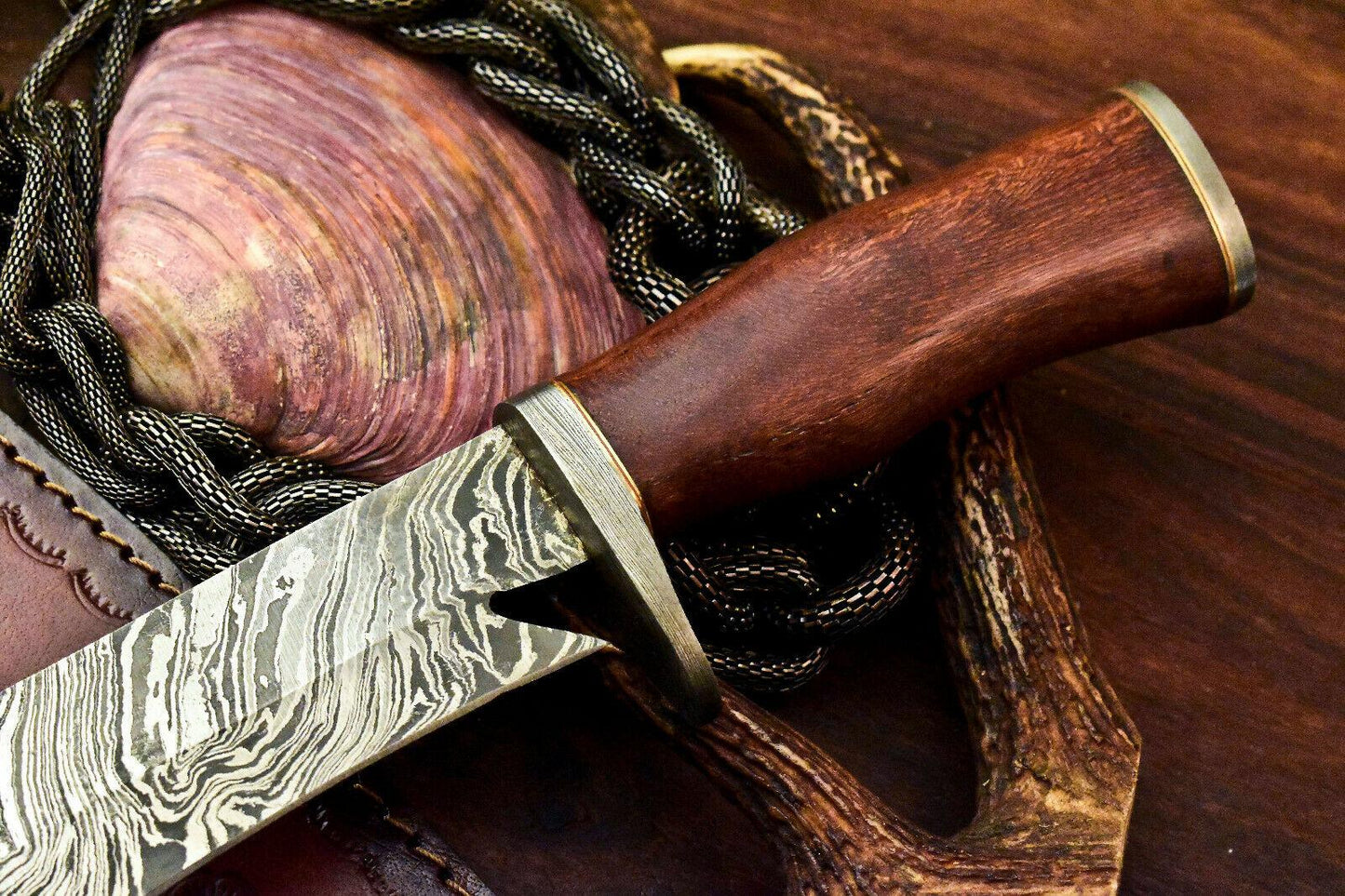 14.5" Rare Handmade Damascus Bowie Knife | Walnut Wood Handle