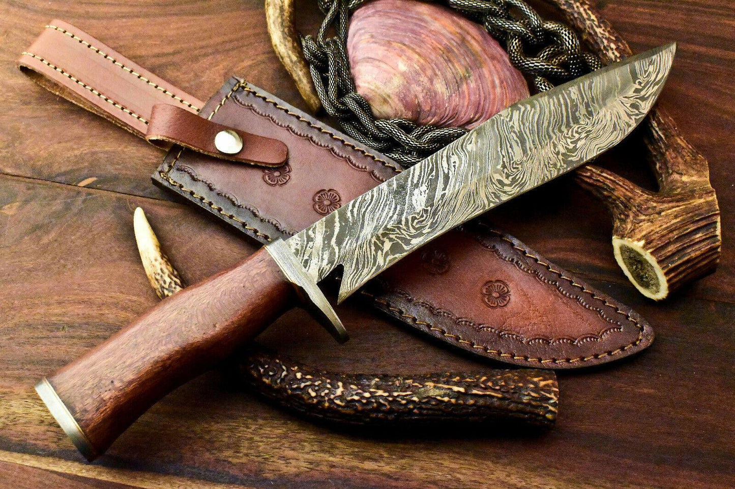 14.5" Rare Handmade Damascus Bowie Knife | Walnut Wood Handle