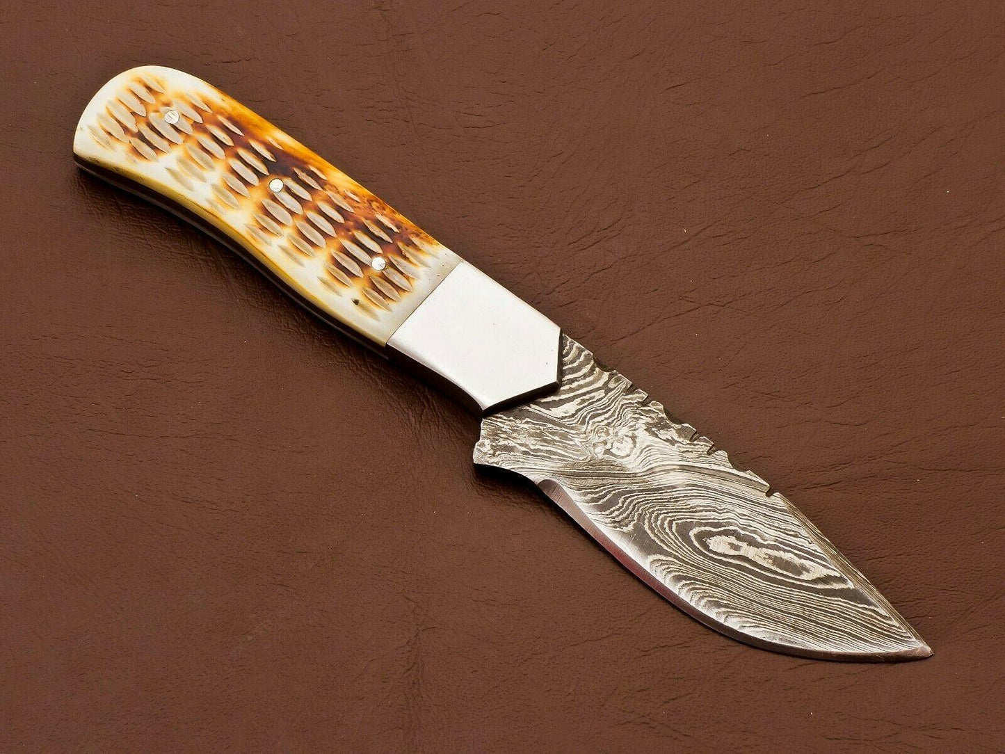 8.5" Handmade Damascus Bowie Knife | Camel Bone Handle & 3.5" Blade