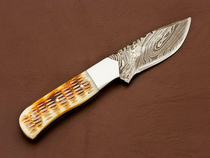 8.5" Handmade Damascus Bowie Knife | Camel Bone Handle & 3.5" Blade