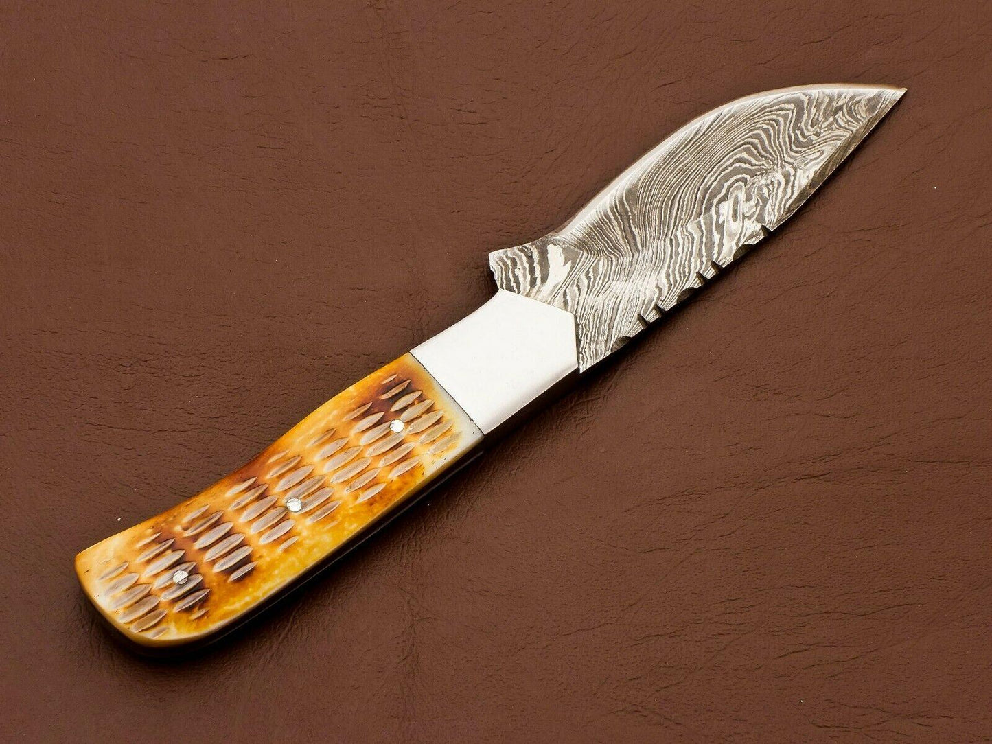 8.5" Handmade Damascus Bowie Knife | Camel Bone Handle & 3.5" Blade