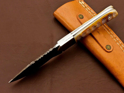 8.5" Handmade Damascus Bowie Knife | Camel Bone Handle & 3.5" Blade