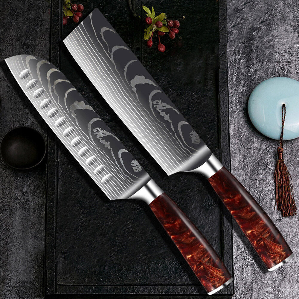 10PC Japanese kitchen knives Laser Damascus pattern chef knife Set&Scabbard