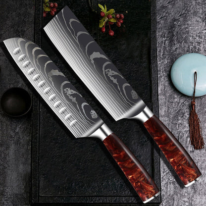 10PC Japanese kitchen knives Laser Damascus pattern chef knife Set&Scabbard