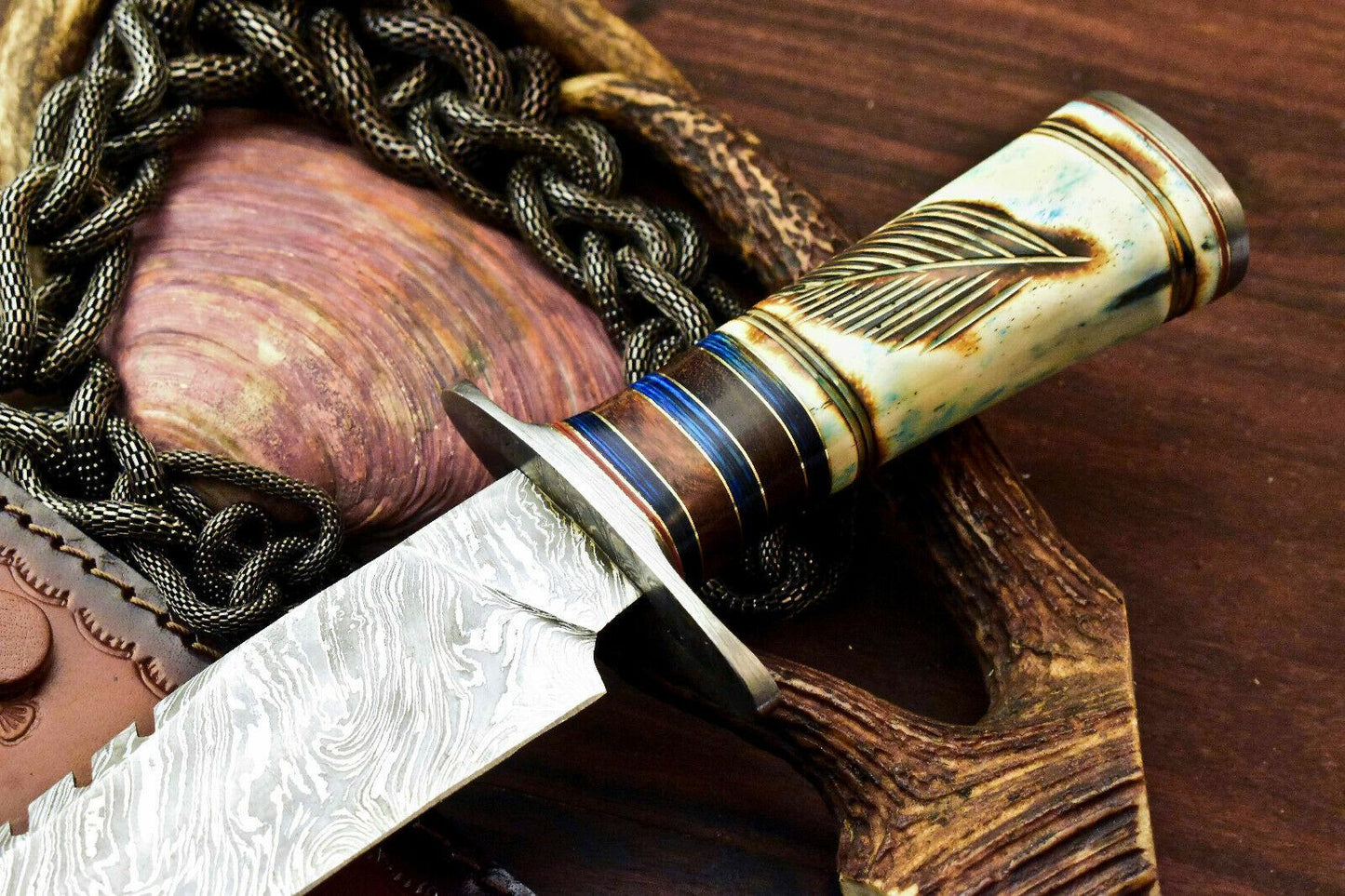 12.5" Rare Handmade Damascus Bowie Hunting Knife | Farms Camel Bone Handle