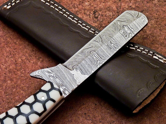 Custom Hand Forged Damascus Steel Bull Cutter Knife 8" Hunting Knife with Leather Sheath