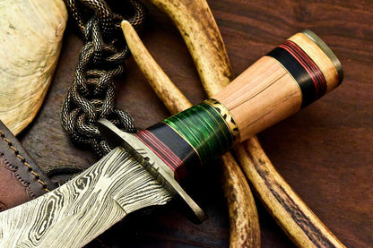 Custom Damascus Bowie Hunting Knife | Olive Wood Handle, 7.5" Blade
