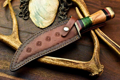 Custom Damascus Bowie Hunting Knife | Olive Wood Handle, 7.5" Blade