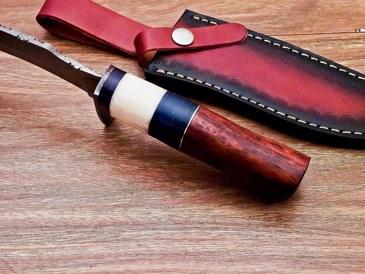 Heritage Forge 12 Inch Custom Handmade Damascus Hunting Bowie Knife with Camel Bone and Wood Handle