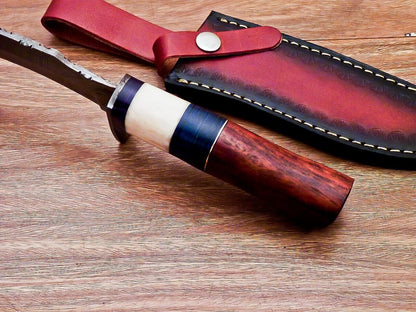 Heritage Forge 12 Inch Custom Handmade Damascus Hunting Bowie Knife with Camel Bone and Wood Handle