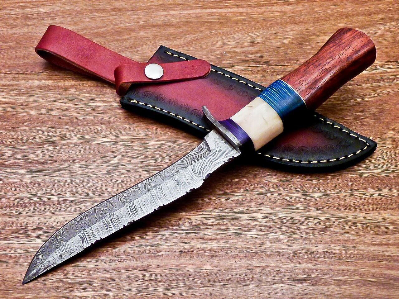 Heritage Forge 12 Inch Custom Handmade Damascus Hunting Bowie Knife with Camel Bone and Wood Handle