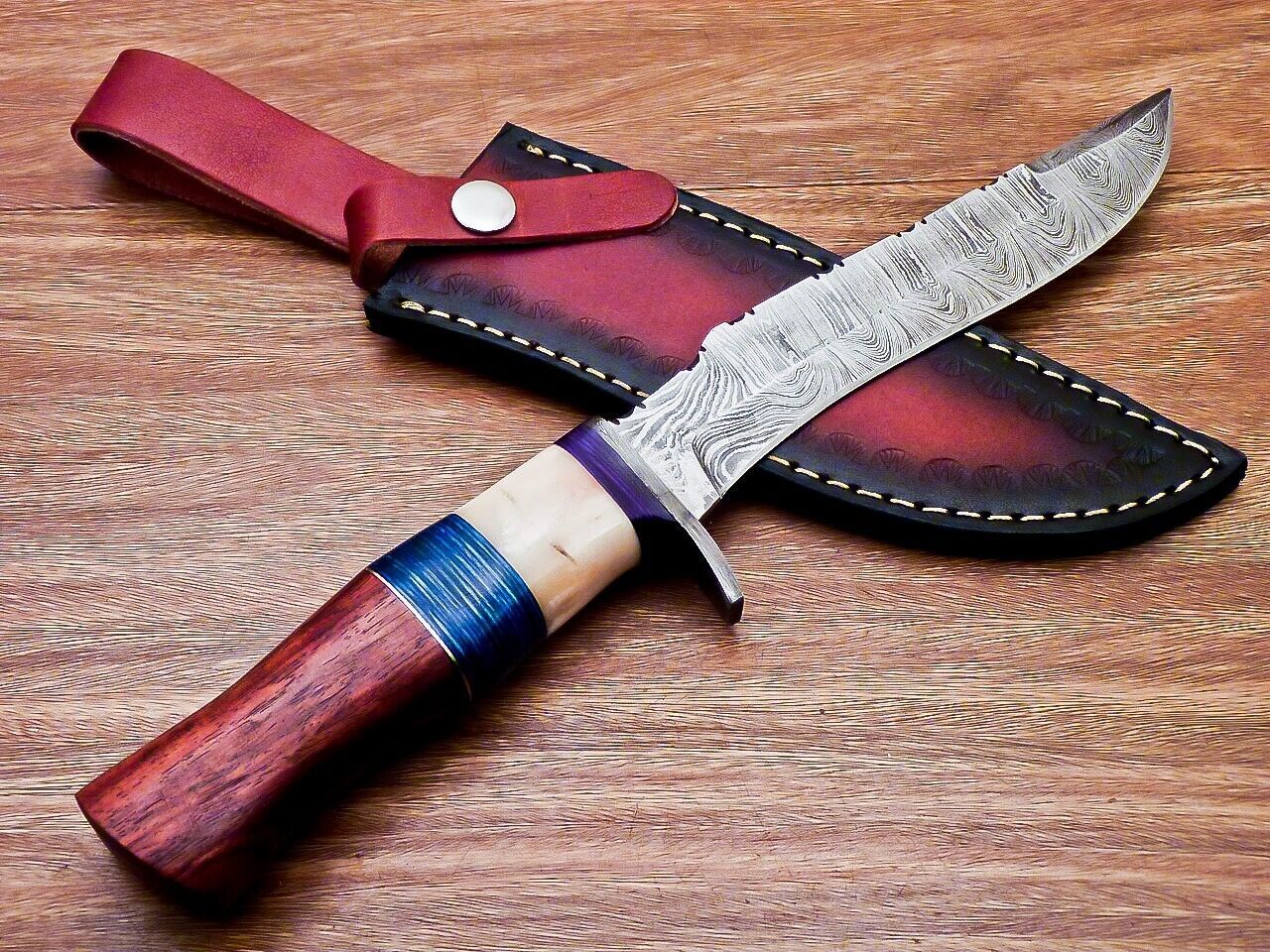 Heritage Forge 12 Inch Custom Handmade Damascus Hunting Bowie Knife with Camel Bone and Wood Handle