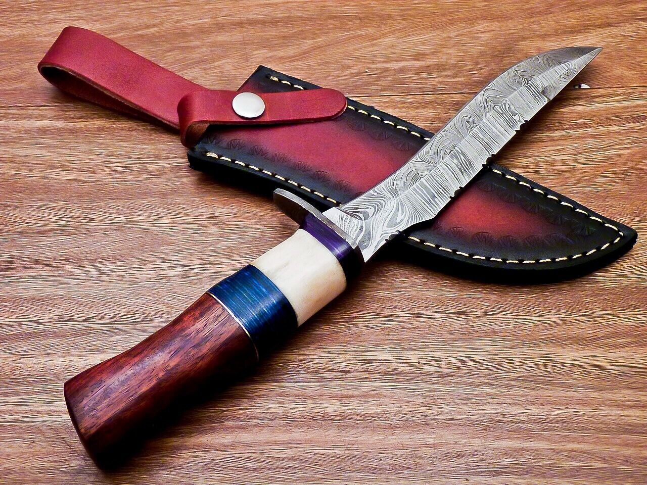 Heritage Forge 12 Inch Custom Handmade Damascus Hunting Bowie Knife with Camel Bone and Wood Handle