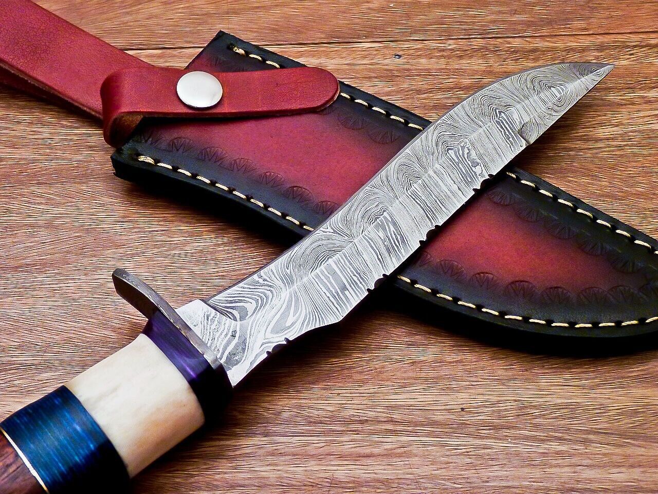 Heritage Forge 12 Inch Custom Handmade Damascus Hunting Bowie Knife with Camel Bone and Wood Handle