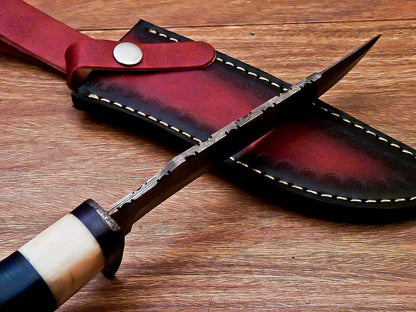 Heritage Forge 12 Inch Custom Handmade Damascus Hunting Bowie Knife with Camel Bone and Wood Handle
