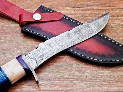 Heritage Forge 12 Inch Custom Handmade Damascus Hunting Bowie Knife with Camel Bone and Wood Handle