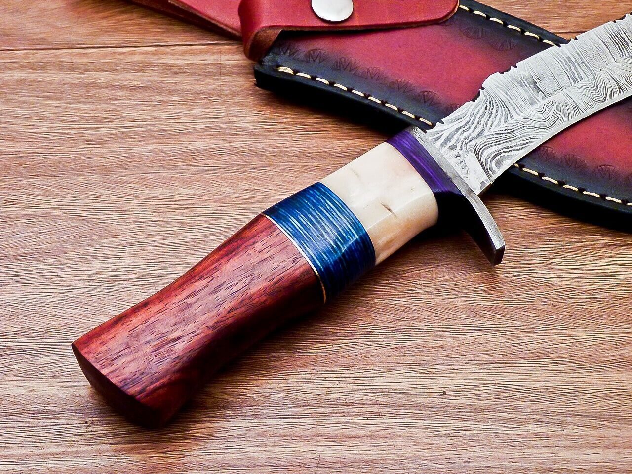 Heritage Forge 12 Inch Custom Handmade Damascus Hunting Bowie Knife with Camel Bone and Wood Handle