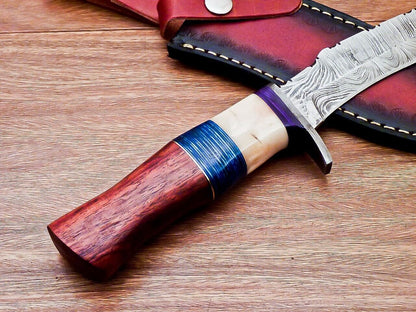 Heritage Forge 12 Inch Custom Handmade Damascus Hunting Bowie Knife with Camel Bone and Wood Handle