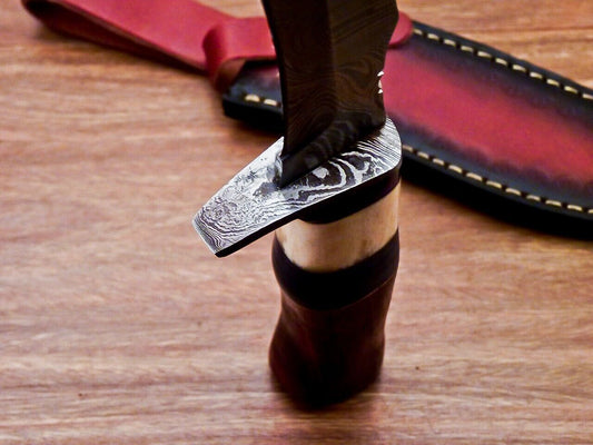 Heritage Forge 12 Inch Custom Handmade Damascus Hunting Bowie Knife with Camel Bone and Wood Handle
