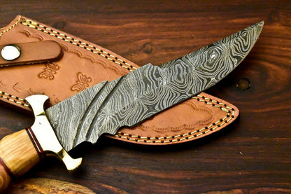 13" Handmade Damascus Bowie Knife | Olive Wood Handle & Leather Sheath