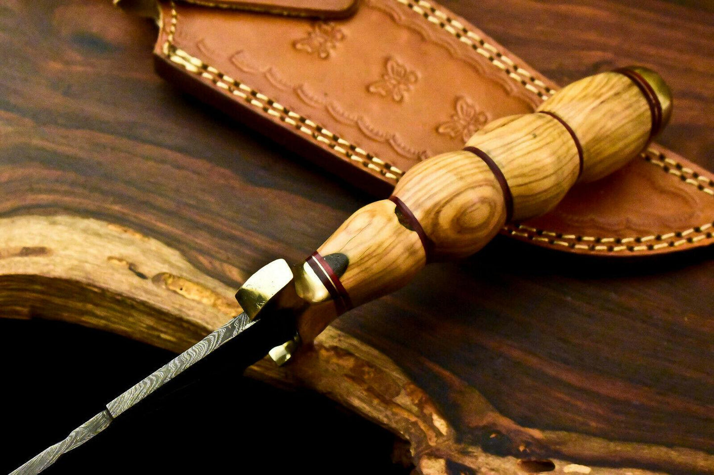 13" Handmade Damascus Bowie Knife | Olive Wood Handle & Leather Sheath