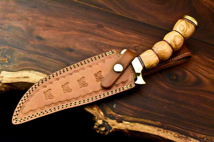 13" Handmade Damascus Bowie Knife | Olive Wood Handle & Leather Sheath
