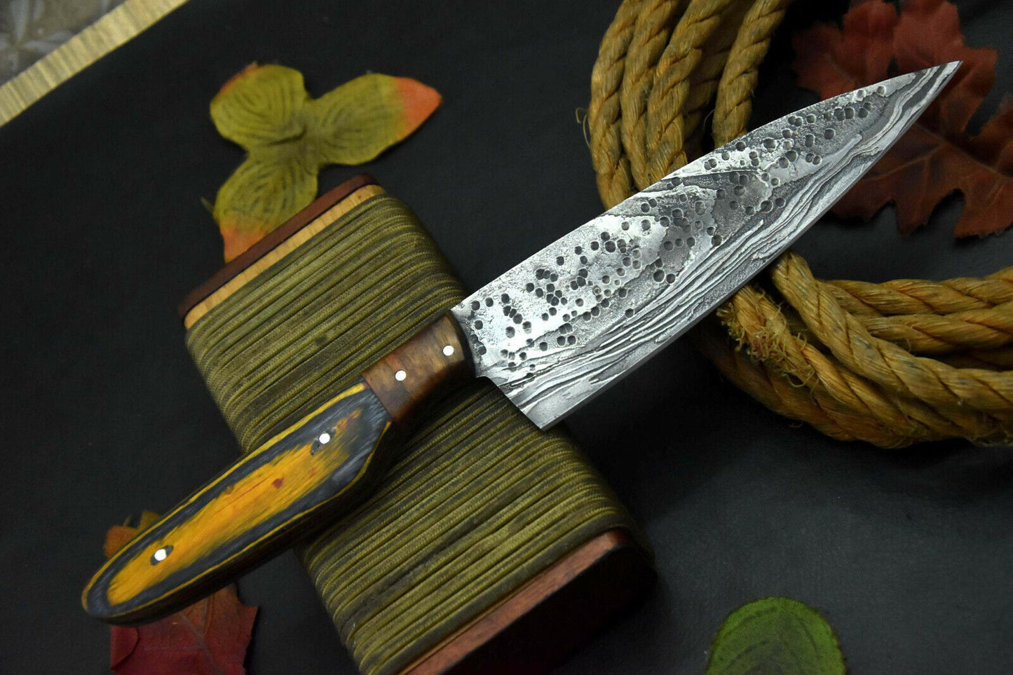 Custom Hammered Damascus Steel Fixed Blade Chef Knife Handmade, Wooden Handle