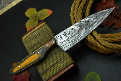 Custom Hammered Damascus Steel Fixed Blade Chef Knife Handmade, Wooden Handle