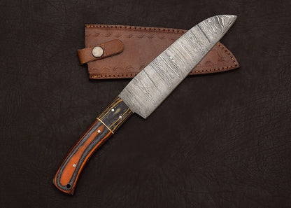 Handmade Damascus Steel Kitchen Chef Fillet Knife with 8" Blade & Pakka Wood Handle + Leather Sheath