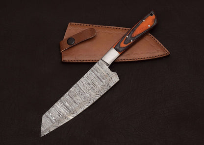 Damascus Steel Chef & Hunting Knife 8" Blade Pakka Wood Handle + Sheath