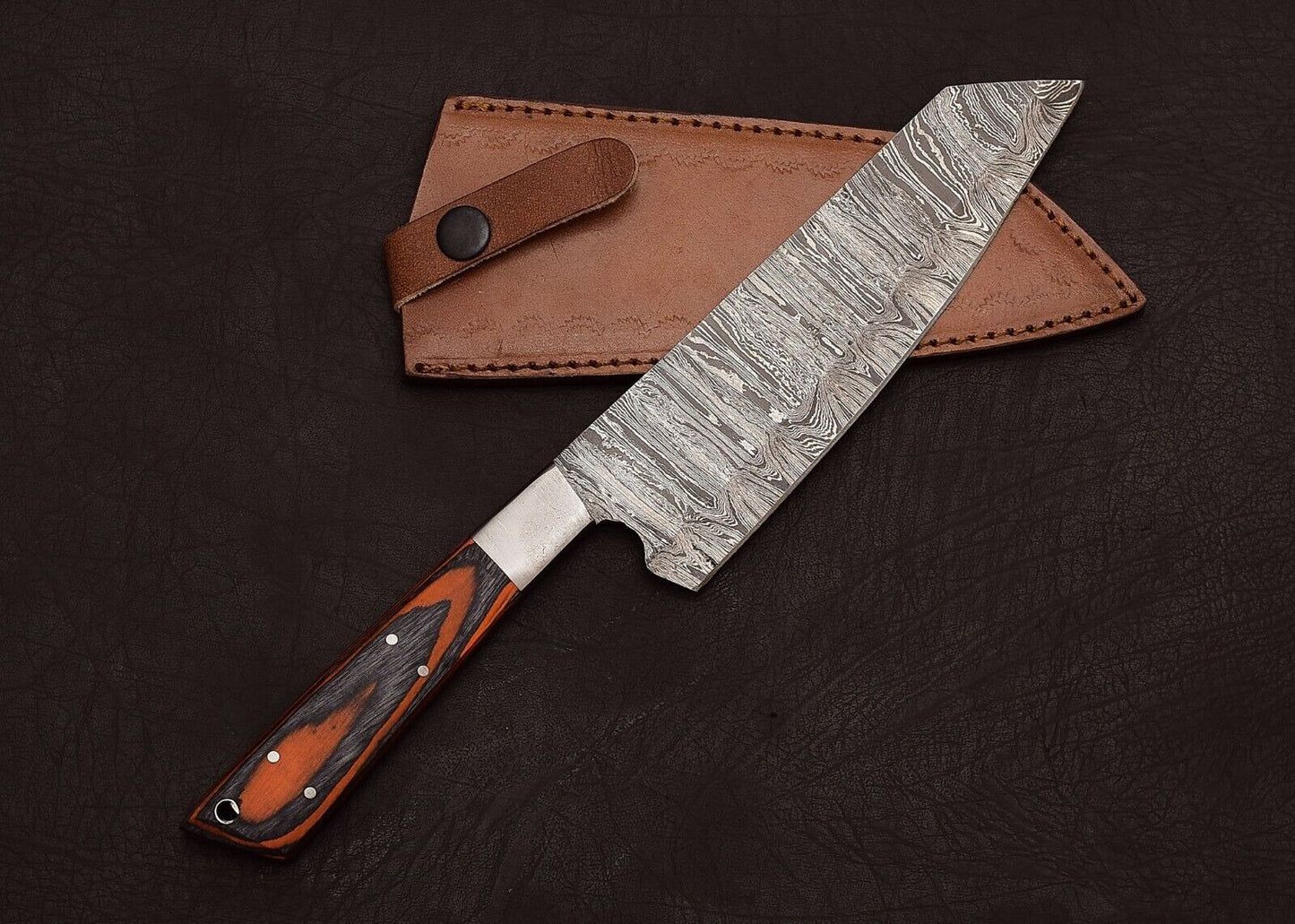 Damascus Steel Chef & Hunting Knife 8" Blade Pakka Wood Handle + Sheath