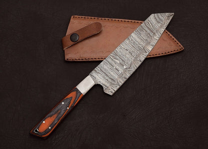 Damascus Steel Chef & Hunting Knife 8" Blade Pakka Wood Handle + Sheath