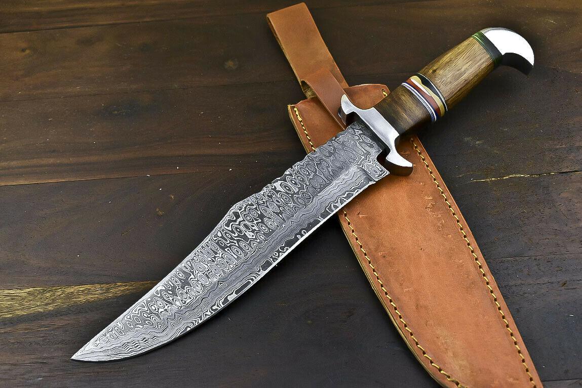 15.5" Handmade Damascus Steel Bowie Knife with Walnut Wood Handle
