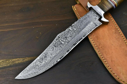 15.5" Handmade Damascus Steel Bowie Knife with Walnut Wood Handle