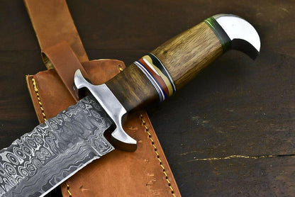 15.5" Handmade Damascus Steel Bowie Knife with Walnut Wood Handle