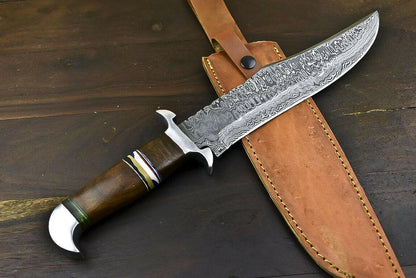 15.5" Handmade Damascus Steel Bowie Knife with Walnut Wood Handle