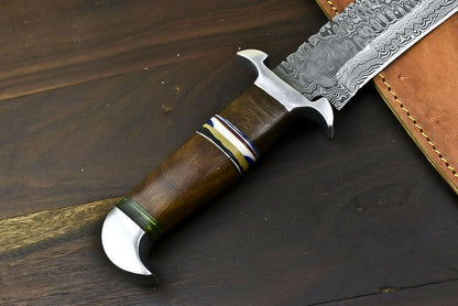 15.5" Handmade Damascus Steel Bowie Knife with Walnut Wood Handle