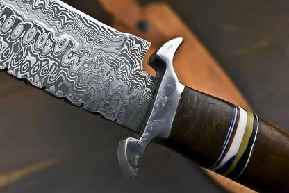 15.5" Handmade Damascus Steel Bowie Knife with Walnut Wood Handle