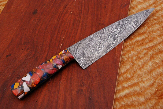 Custom Hand Forged 13" Damascus Steel Chef Knife – 512-Layer Blade with Resin Handle & Leather Sheath