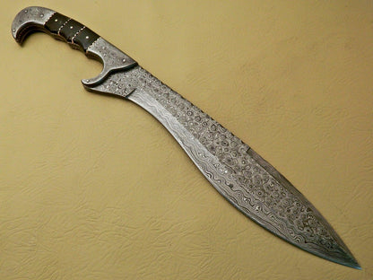 18" Hand-Forged Damascus Bowie Hunting Sword Knife – Ram Horn Handle