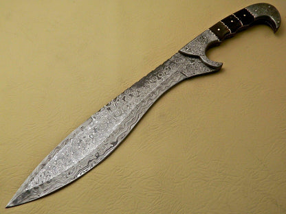 18" Hand-Forged Damascus Bowie Hunting Sword Knife – Ram Horn Handle
