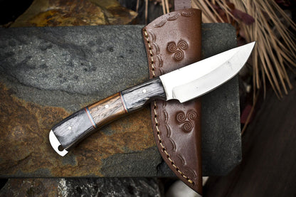 8" Skinner Knife AUS-8 Steel Hard Wood Handle Wooden Bolster with Leather Sheath