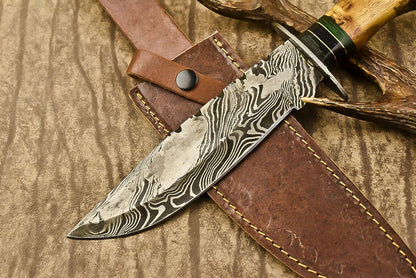 13.5" Heritage Forge Damascus Steel Bowie Knife | Olive Wood Handle