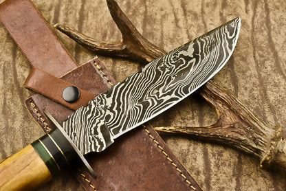 13.5" Heritage Forge Damascus Steel Bowie Knife | Olive Wood Handle