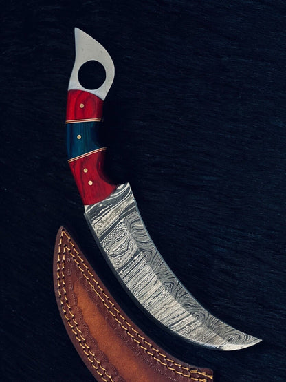 Heritage Forge 10.5 Inch Twist Damascus Steel Karambit Hunting Knife with Camel Bone and Wood Handle