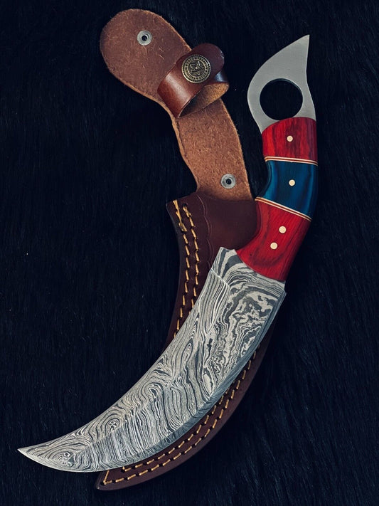 Heritage Forge 10.5 Inch Twist Damascus Steel Karambit Hunting Knife with Camel Bone and Wood Handle